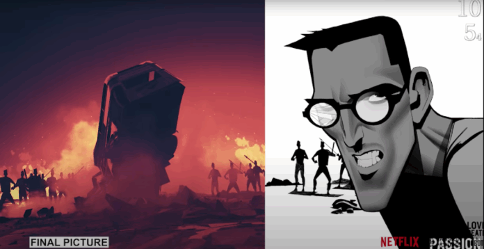 Scene progression swipe from Passion Pictures' '400 Boys' breakdown [Love, Death + Robots | Netflix]